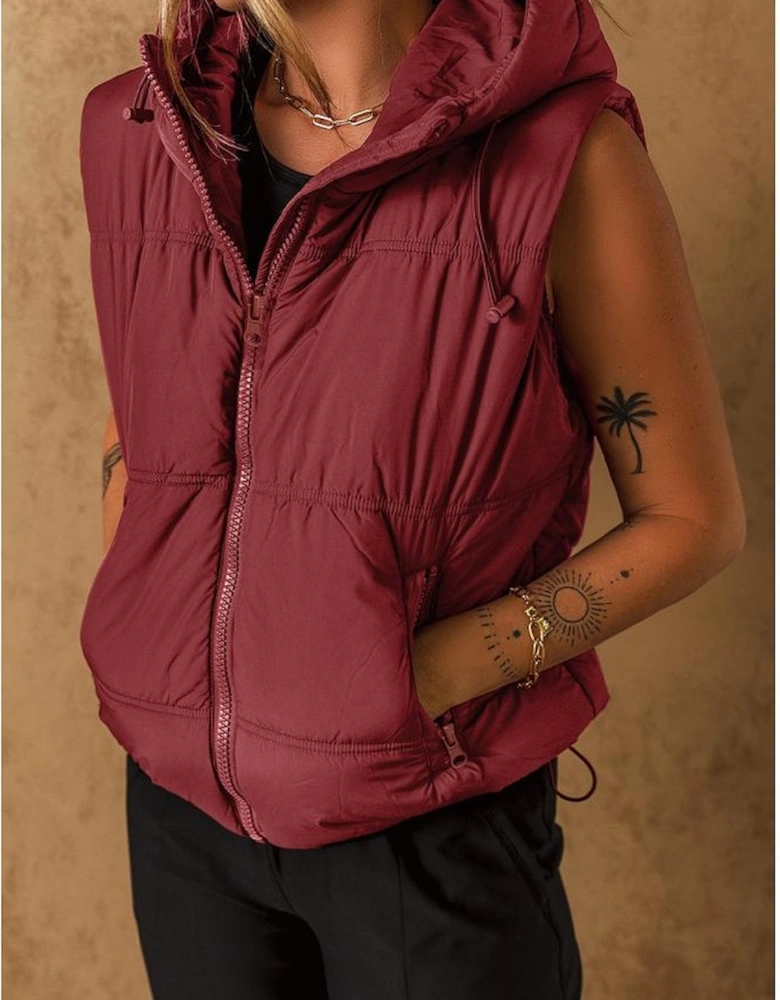 Clay Zip-up Side Pockets Hooded Puffer Vest