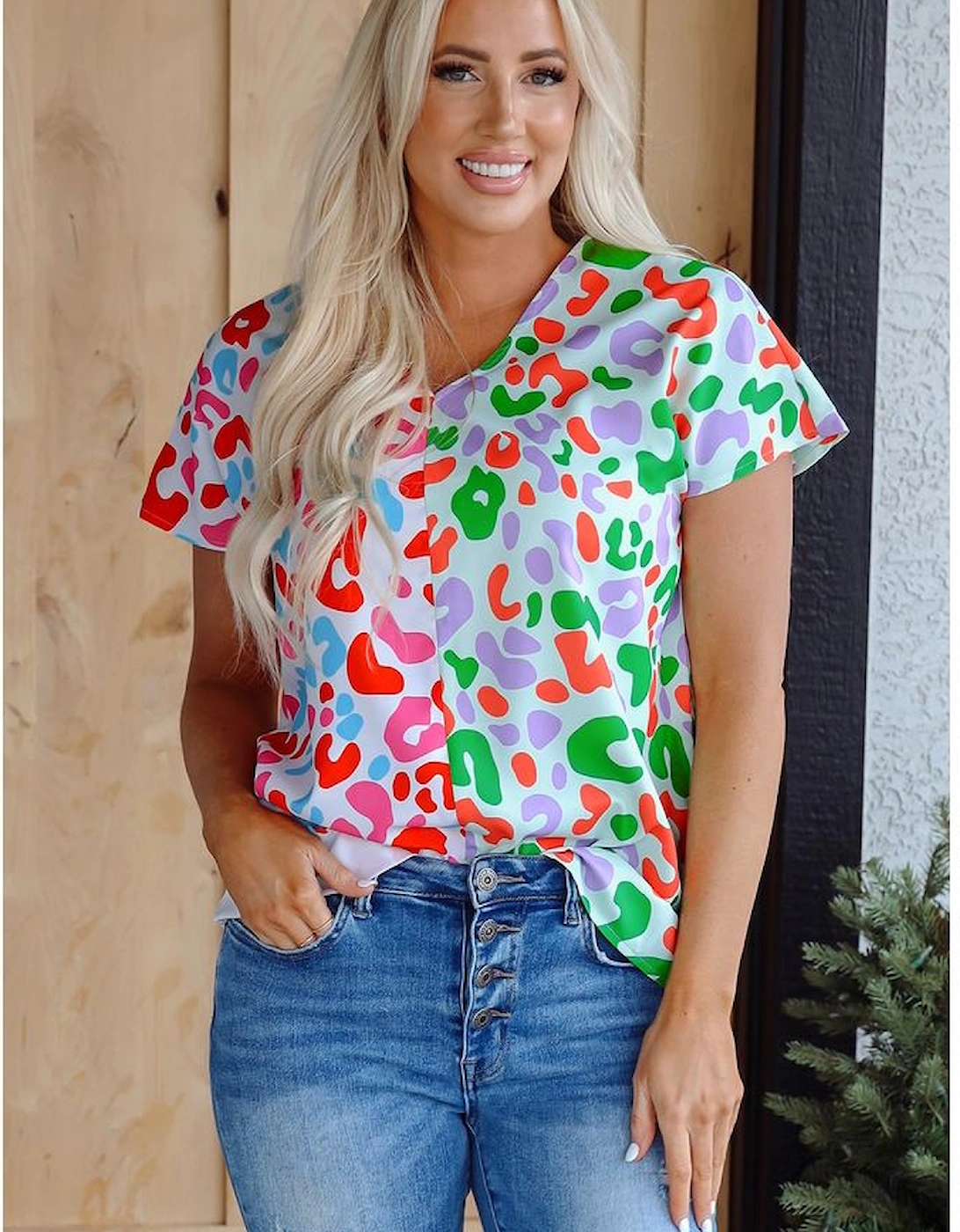 Green Contrast Leopard Print V Neck Short Sleeve Blouse