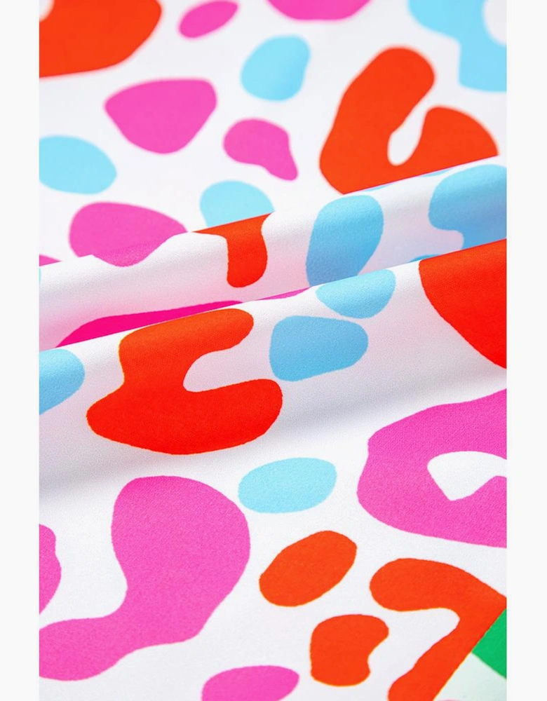 Green Contrast Leopard Print V Neck Short Sleeve Blouse