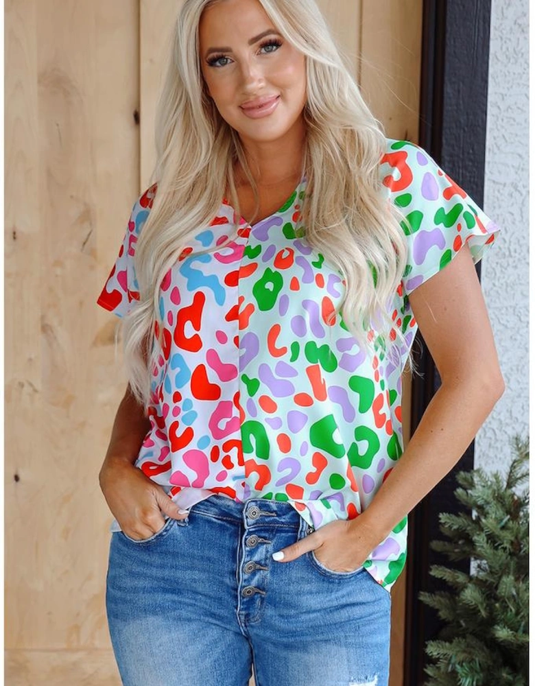 Green Contrast Leopard Print V Neck Short Sleeve Blouse