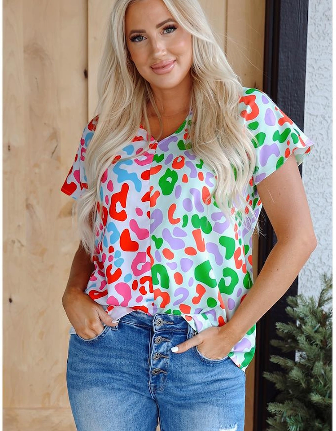 Green Contrast Leopard Print V Neck Short Sleeve Blouse