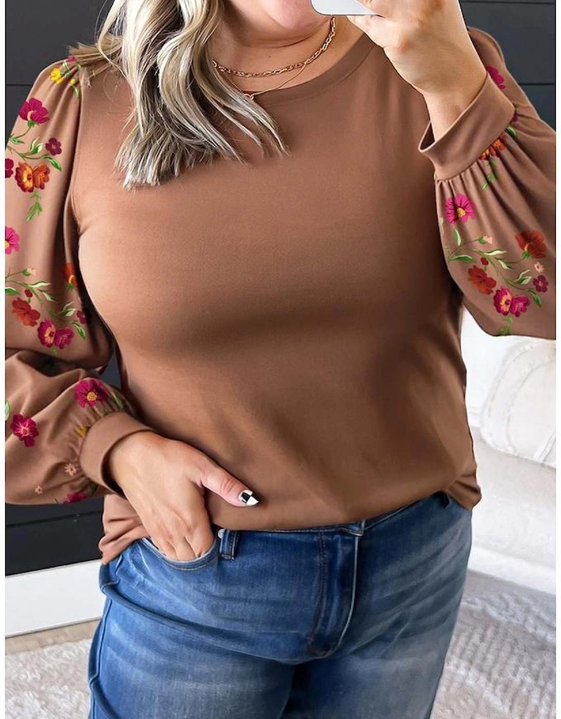 Brown Floral Sleeve Patchwork Round Neck Plus Blouse
