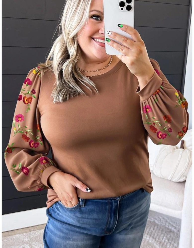 Brown Floral Sleeve Patchwork Round Neck Plus Blouse