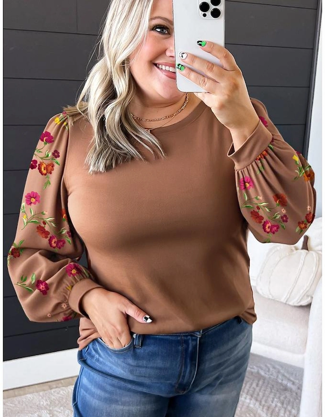 Brown Floral Sleeve Patchwork Round Neck Plus Blouse, 3 of 2