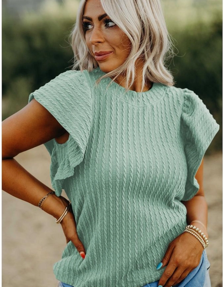 Moonlight Jade Solid Color Textured Flutter Sleeve Top