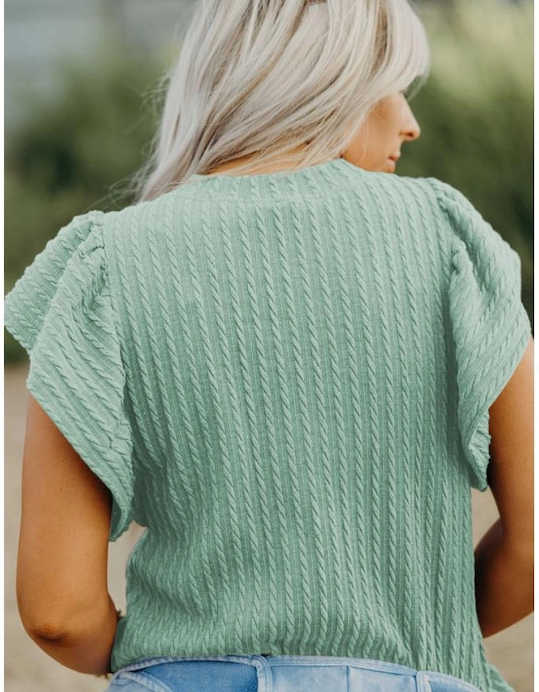 Moonlight Jade Solid Color Textured Flutter Sleeve Top