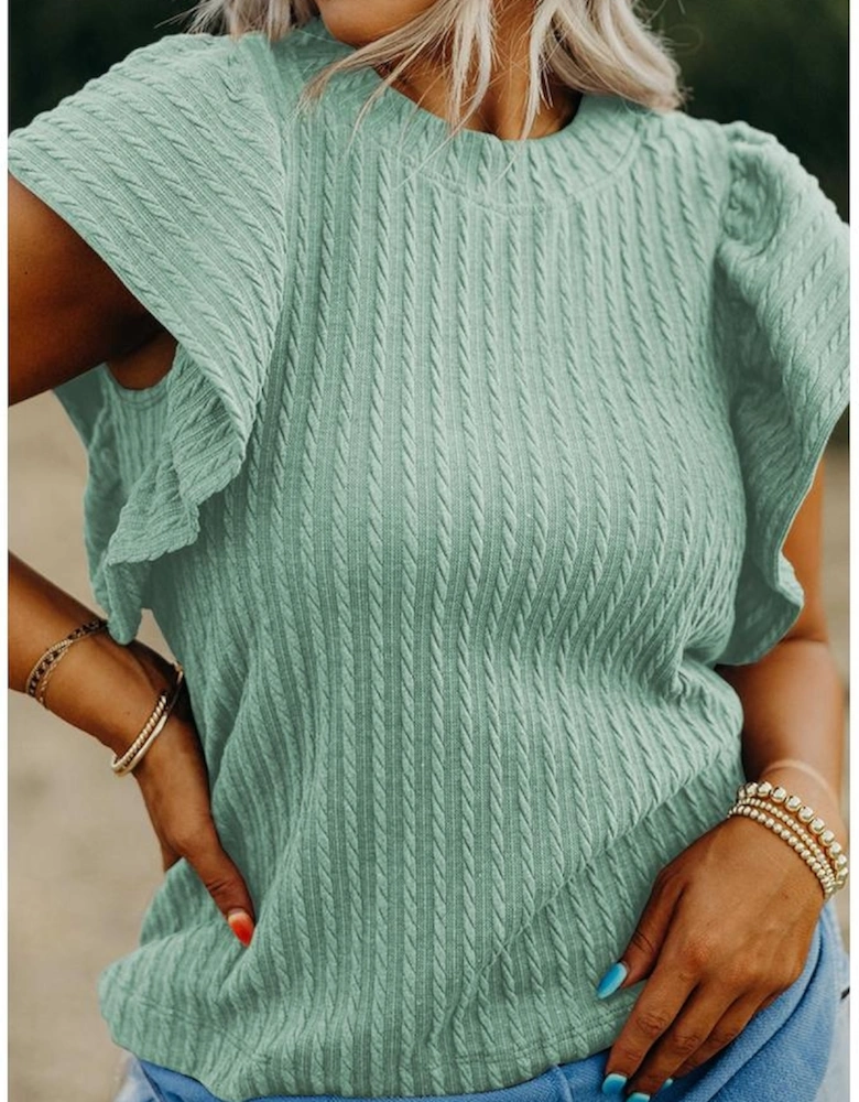 Moonlight Jade Solid Color Textured Flutter Sleeve Top