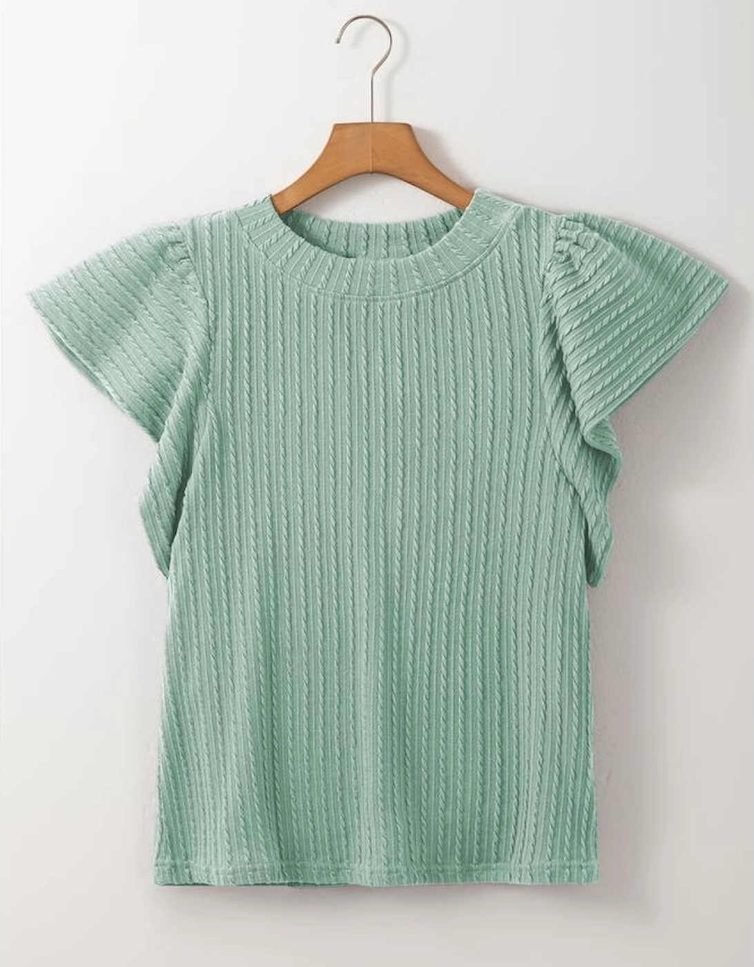 Moonlight Jade Solid Color Textured Flutter Sleeve Top