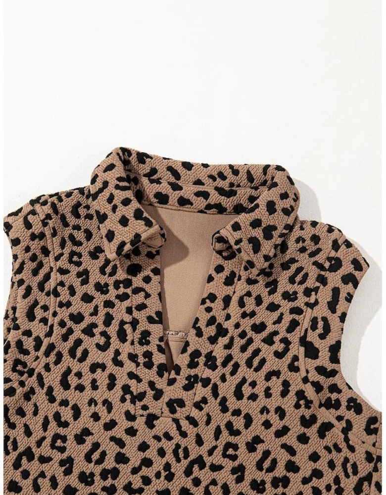 Khaki Leopard Print V Neck Sleeveless Collared Mini Dress