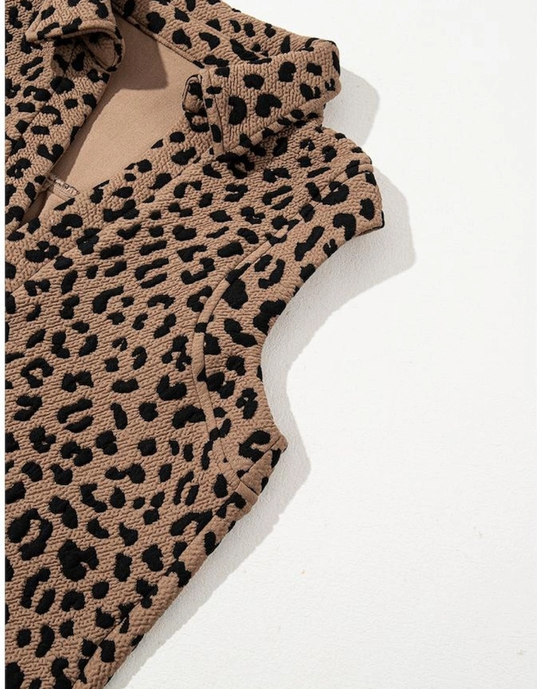 Khaki Leopard Print V Neck Sleeveless Collared Mini Dress