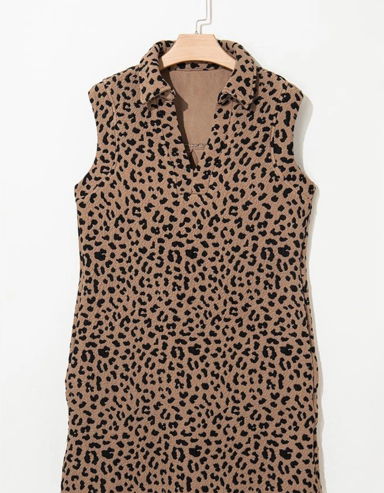 Khaki Leopard Print V Neck Sleeveless Collared Mini Dress