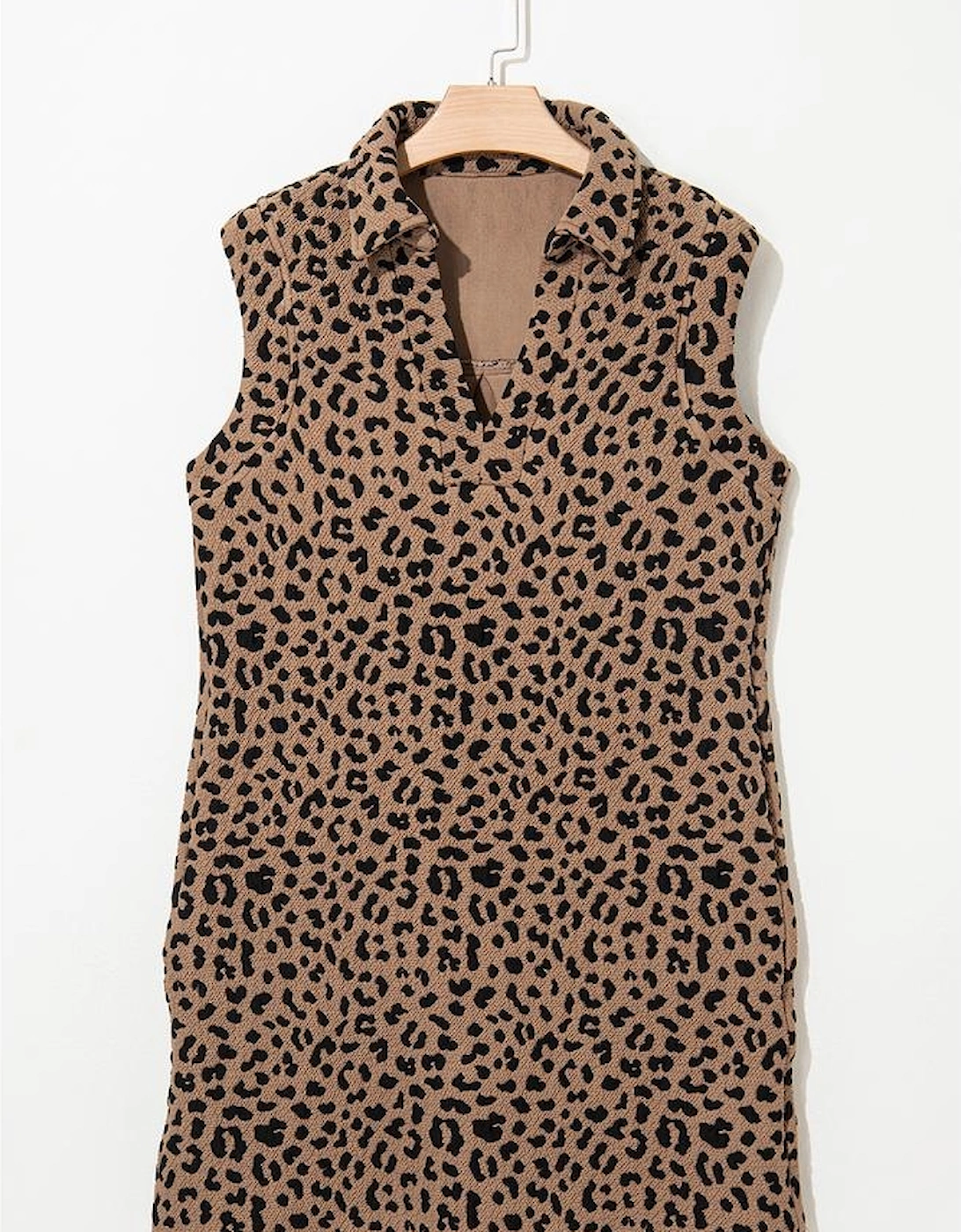 Khaki Leopard Print V Neck Sleeveless Collared Mini Dress