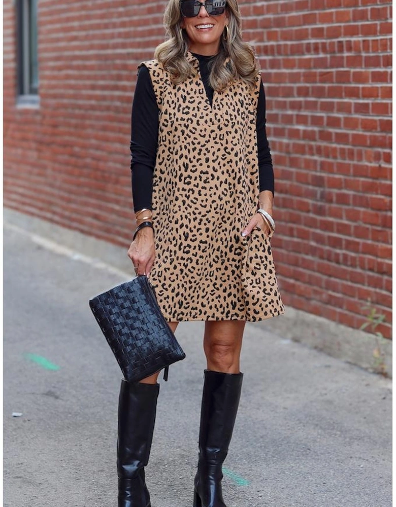 Khaki Leopard Print V Neck Sleeveless Collared Mini Dress