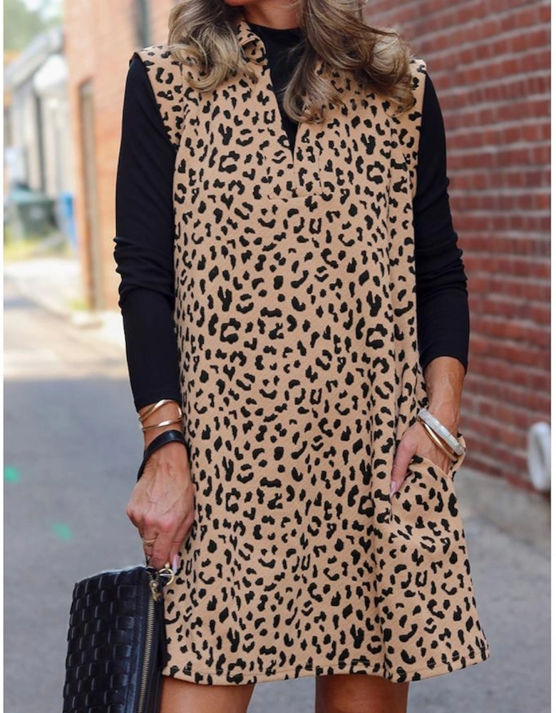 Khaki Leopard Print V Neck Sleeveless Collared Mini Dress
