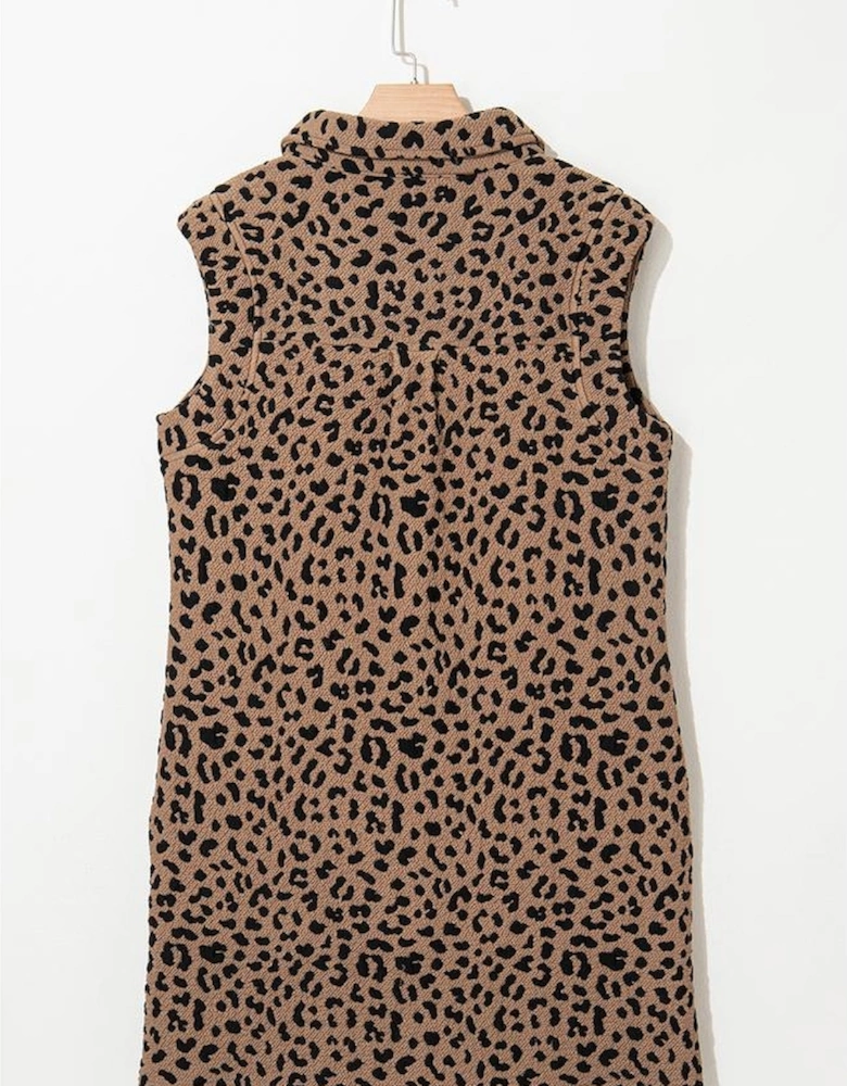 Khaki Leopard Print V Neck Sleeveless Collared Mini Dress
