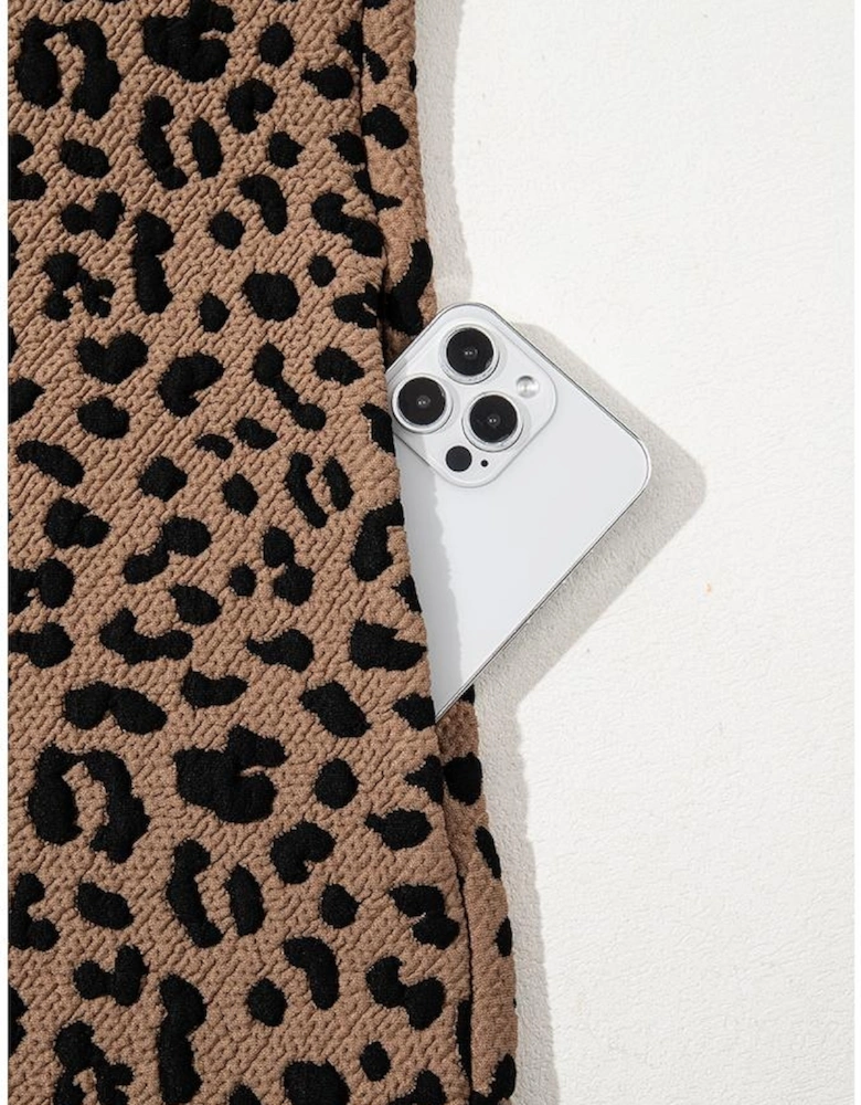 Khaki Leopard Print V Neck Sleeveless Collared Mini Dress