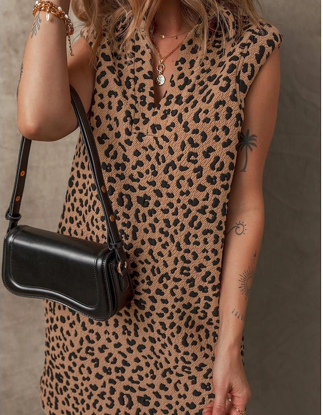 Khaki Leopard Print V Neck Sleeveless Collared Mini Dress