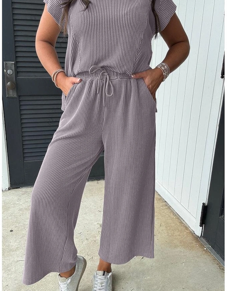 Wild Wind Solid Corded Knit Short Sleeve T Shirt and Wide Leg Pants Set