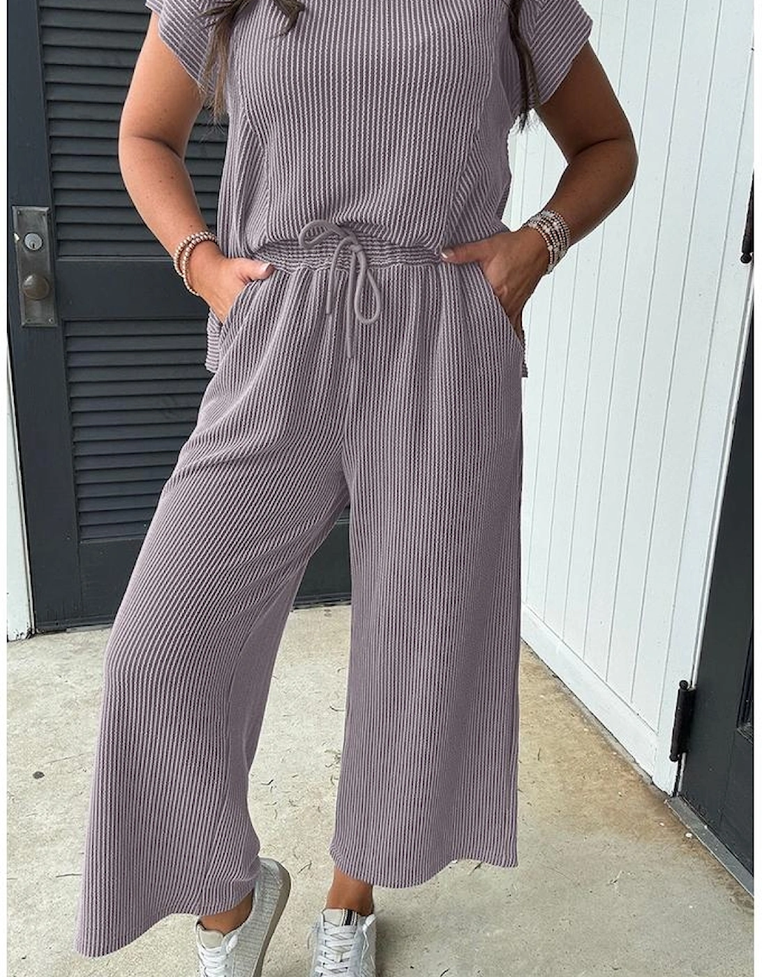 Wild Wind Solid Corded Knit Short Sleeve T Shirt and Wide Leg Pants Set