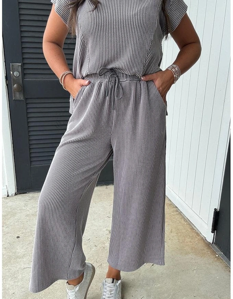 Wild Wind Solid Corded Knit Short Sleeve T Shirt and Wide Leg Pants Set