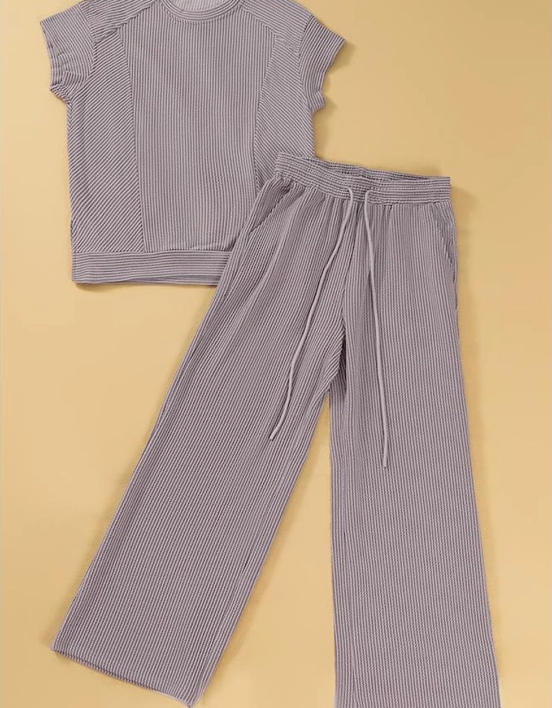 Wild Wind Solid Corded Knit Short Sleeve T Shirt and Wide Leg Pants Set