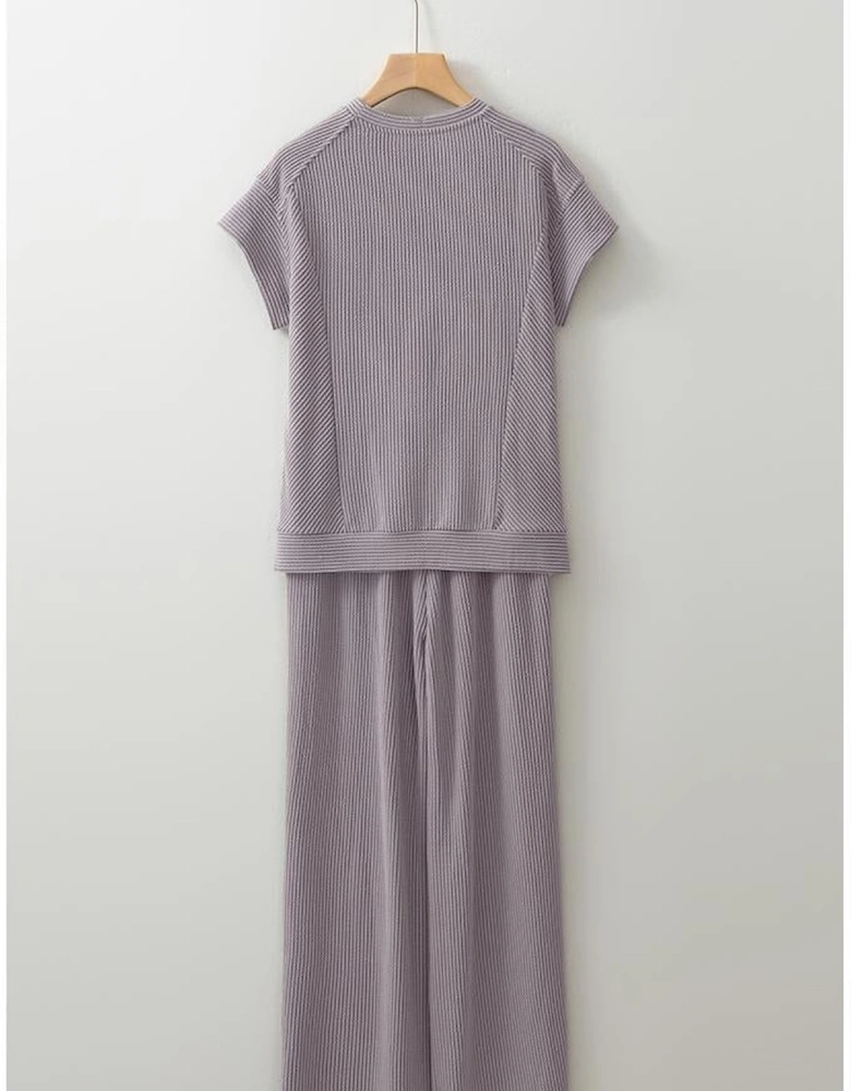 Wild Wind Solid Corded Knit Short Sleeve T Shirt and Wide Leg Pants Set