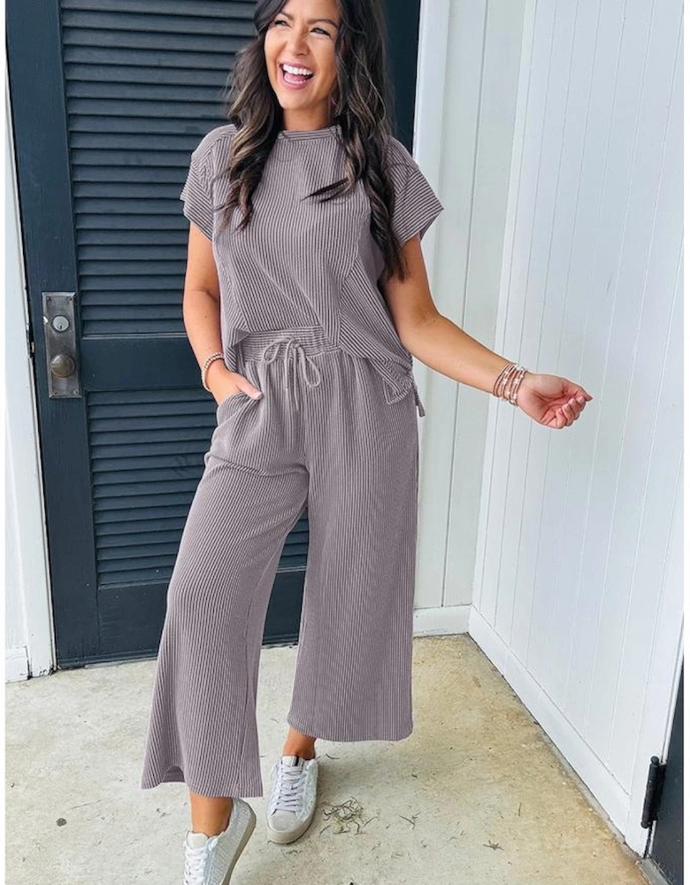 Wild Wind Solid Corded Knit Short Sleeve T Shirt and Wide Leg Pants Set