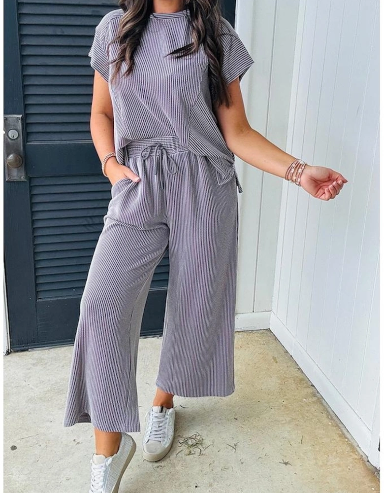 Wild Wind Solid Corded Knit Short Sleeve T Shirt and Wide Leg Pants Set