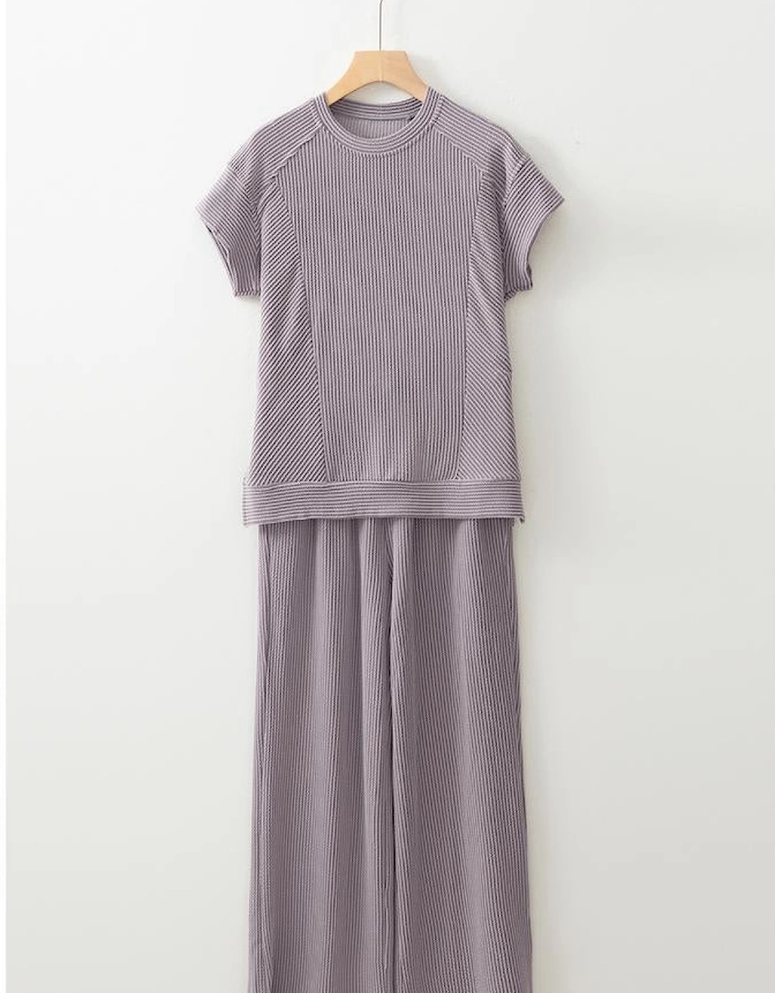 Wild Wind Solid Corded Knit Short Sleeve T Shirt and Wide Leg Pants Set