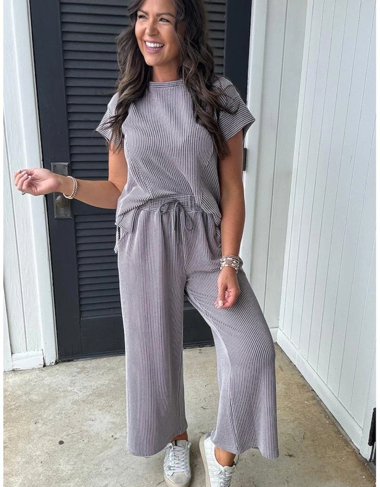 Wild Wind Solid Corded Knit Short Sleeve T Shirt and Wide Leg Pants Set