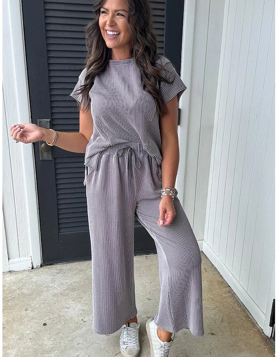 Wild Wind Solid Corded Knit Short Sleeve T Shirt and Wide Leg Pants Set