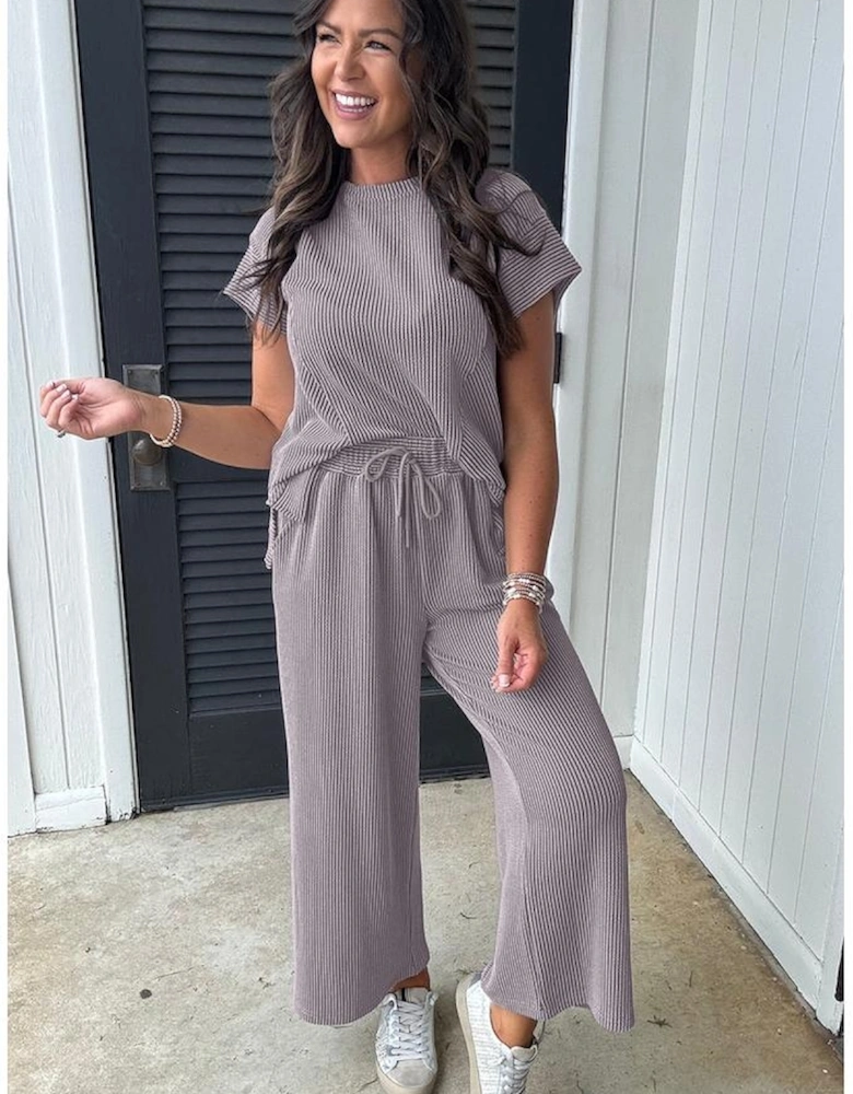 Wild Wind Solid Corded Knit Short Sleeve T Shirt and Wide Leg Pants Set
