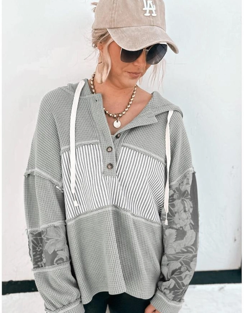 Gray Waffle Printed Patchwork Drawstring Hooded Long Sleeve Top