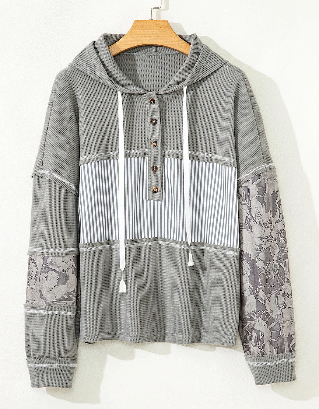 Gray Waffle Printed Patchwork Drawstring Hooded Long Sleeve Top