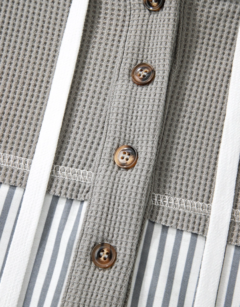 Gray Waffle Printed Patchwork Drawstring Hooded Long Sleeve Top