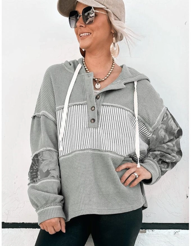 Gray Waffle Printed Patchwork Drawstring Hooded Long Sleeve Top