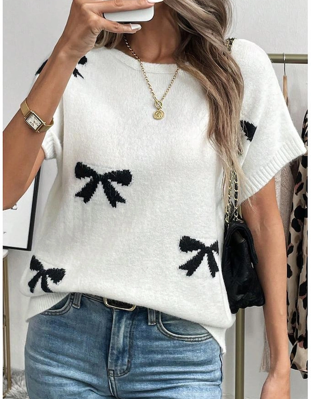 Black Bow Pattern Knit Short Sleeve Sweater