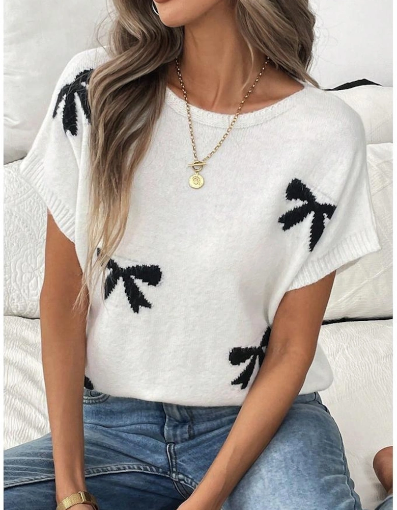 Black Bow Pattern Knit Short Sleeve Sweater