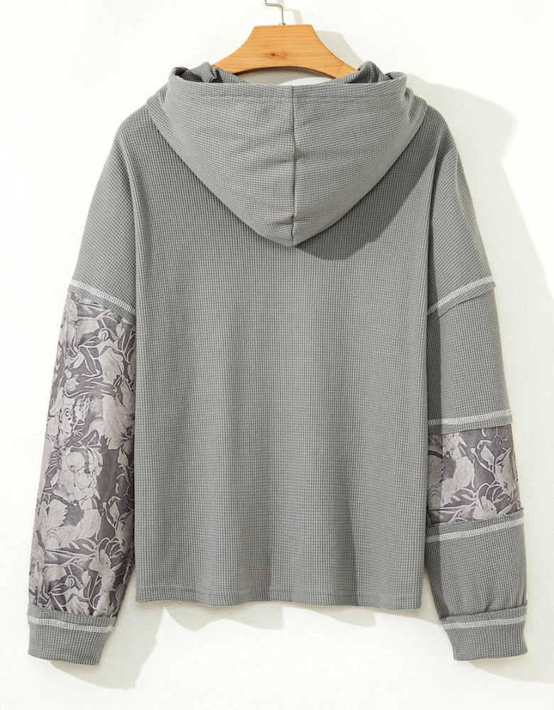 Gray Waffle Printed Patchwork Drawstring Hooded Long Sleeve Top