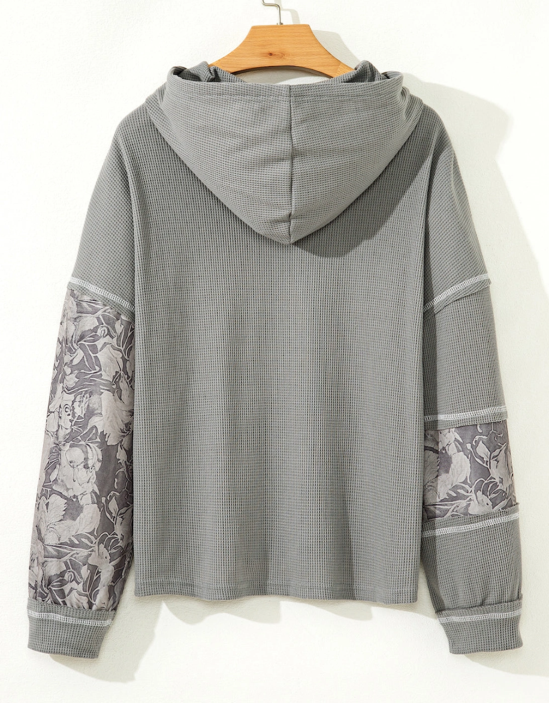 Gray Waffle Printed Patchwork Drawstring Hooded Long Sleeve Top
