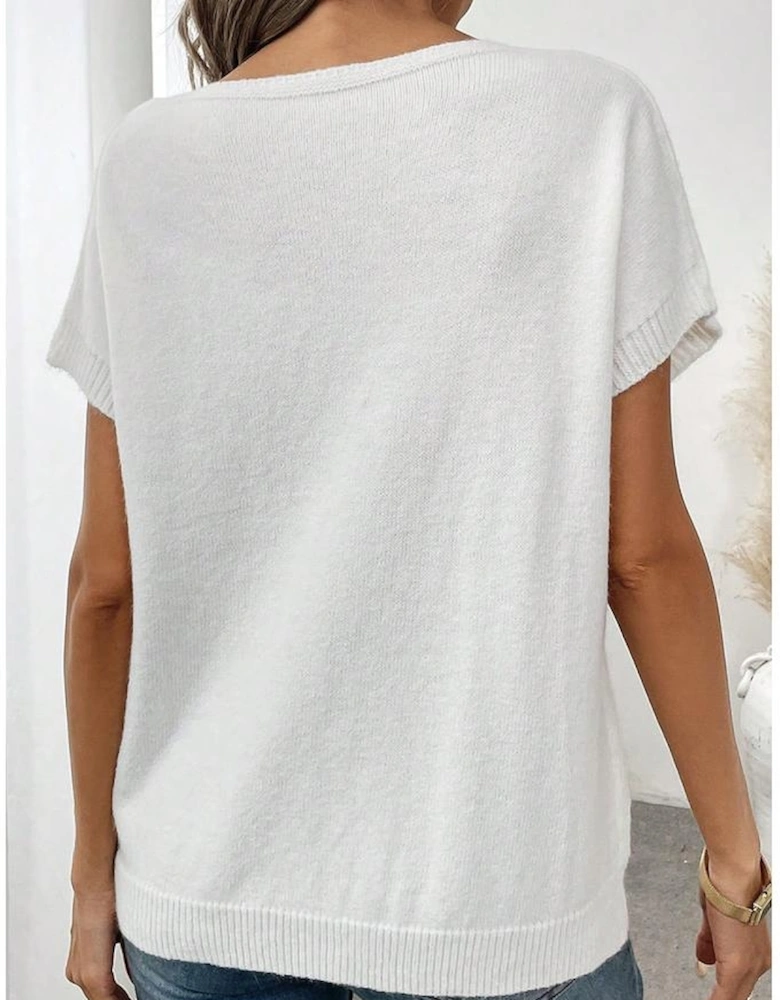 Black Bow Pattern Knit Short Sleeve Sweater