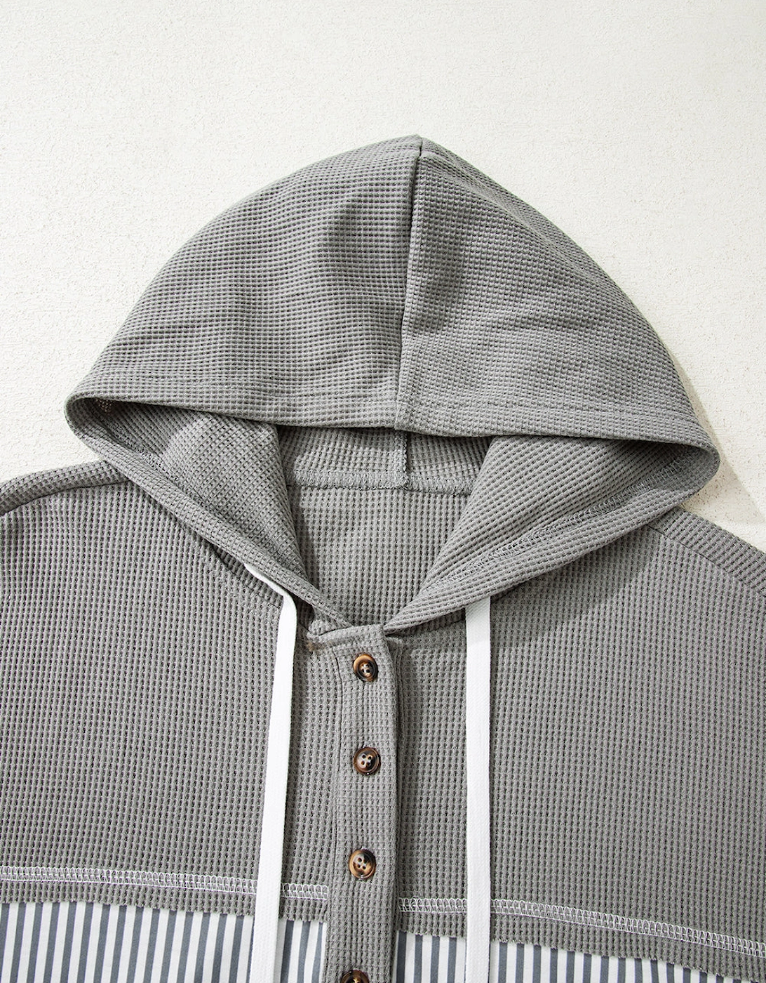 Gray Waffle Printed Patchwork Drawstring Hooded Long Sleeve Top