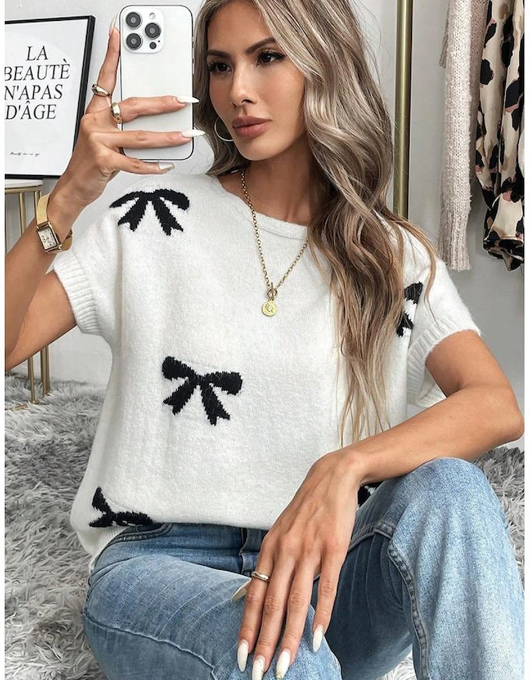 Black Bow Pattern Knit Short Sleeve Sweater