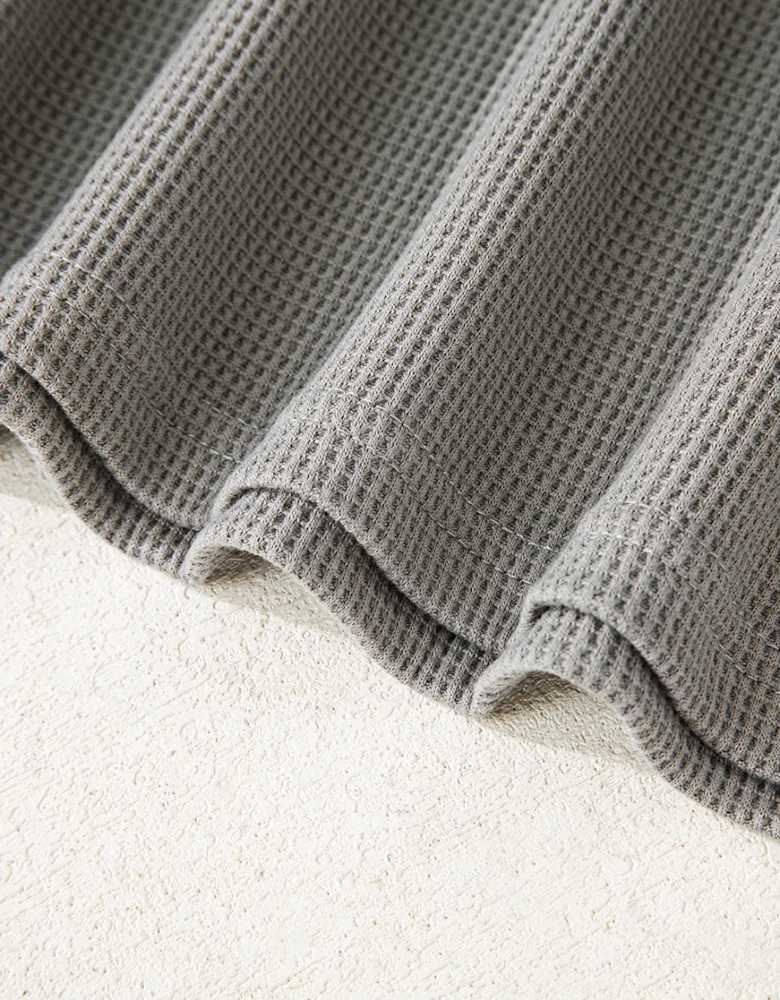 Gray Waffle Printed Patchwork Drawstring Hooded Long Sleeve Top