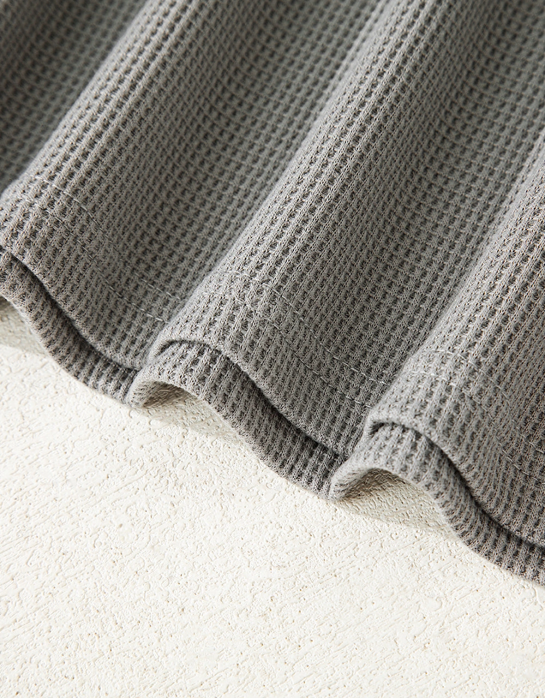 Gray Waffle Printed Patchwork Drawstring Hooded Long Sleeve Top