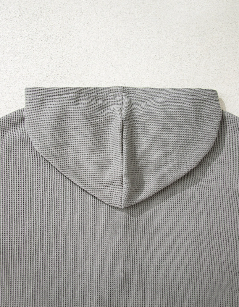 Gray Waffle Printed Patchwork Drawstring Hooded Long Sleeve Top