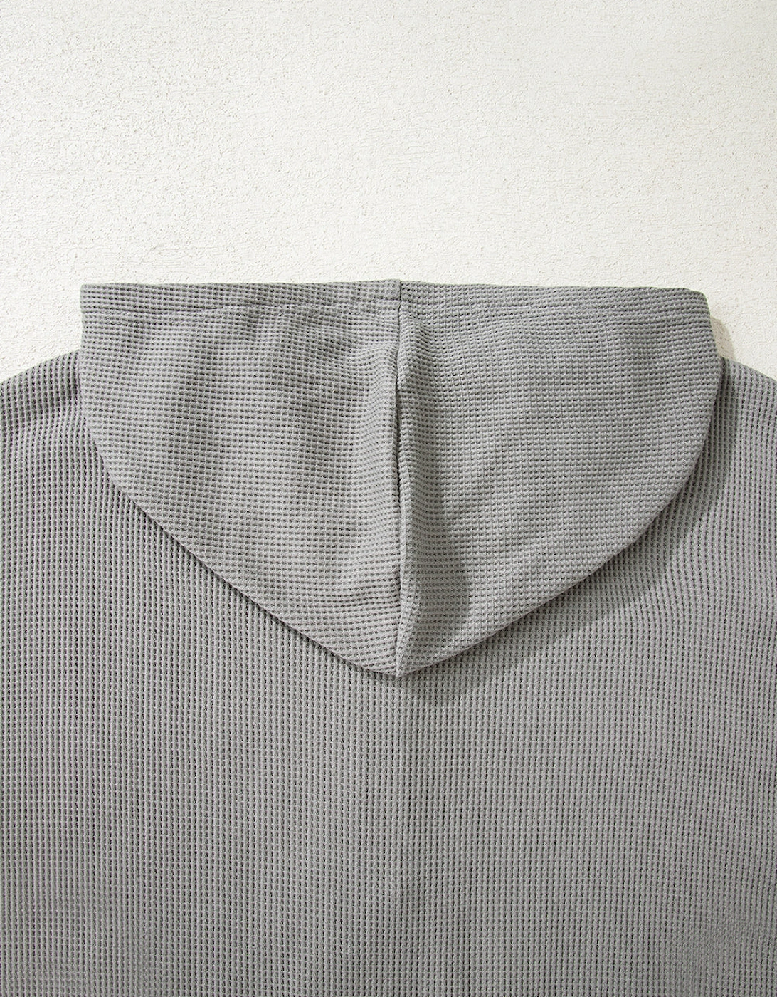 Gray Waffle Printed Patchwork Drawstring Hooded Long Sleeve Top