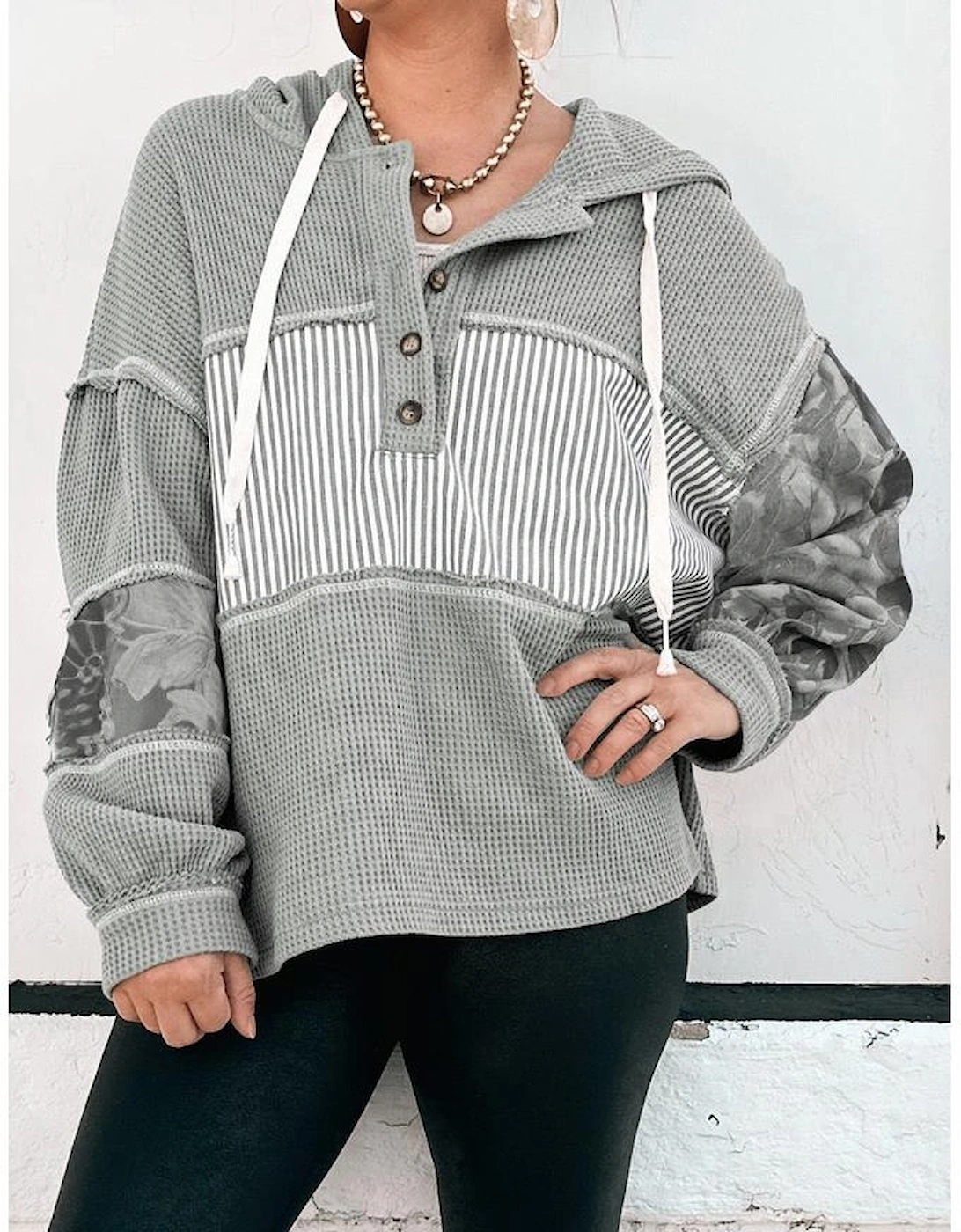 Gray Waffle Printed Patchwork Drawstring Hooded Long Sleeve Top