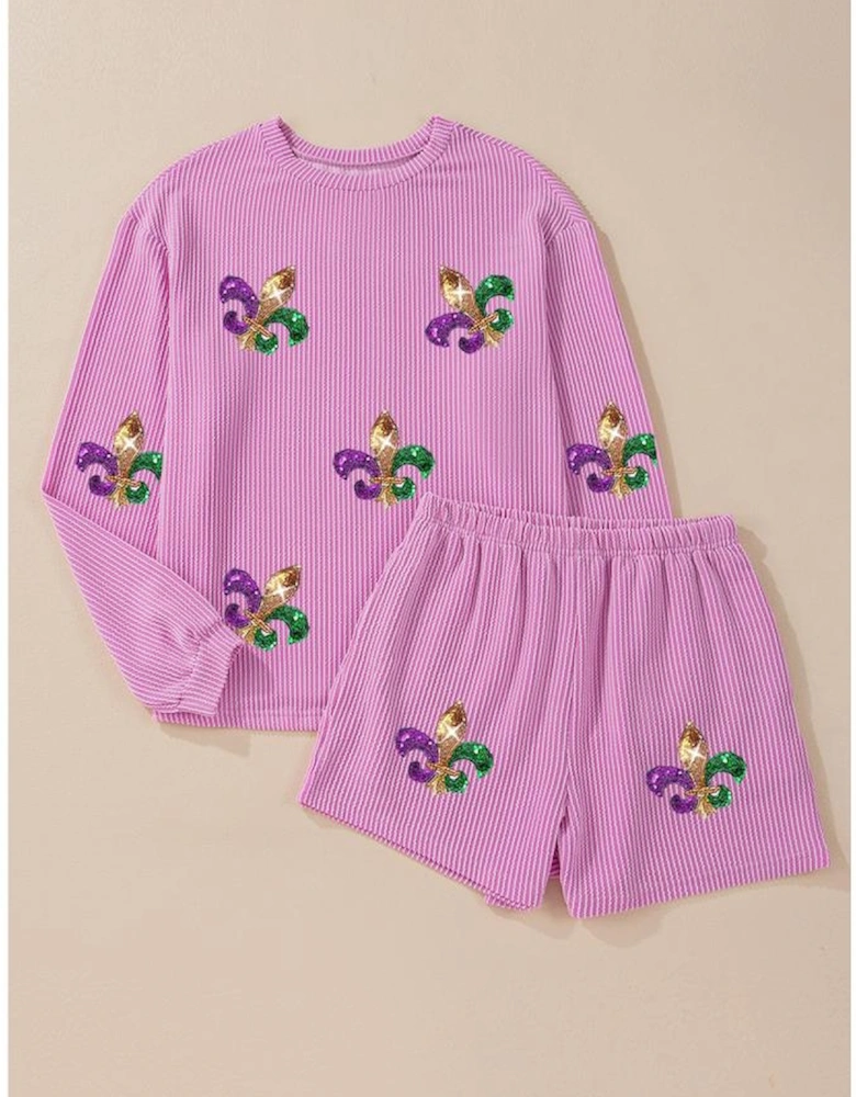 Phalaenopsis Mardi Gras Fleur de Lis Patched Corded Long Sleeve Top and Shorts