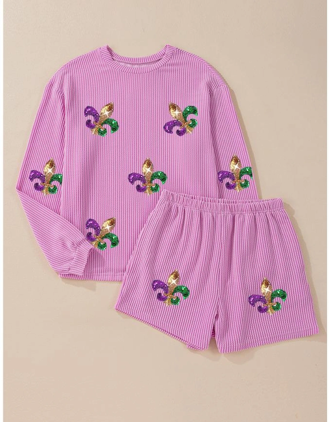 Phalaenopsis Mardi Gras Fleur de Lis Patched Corded Long Sleeve Top and Shorts